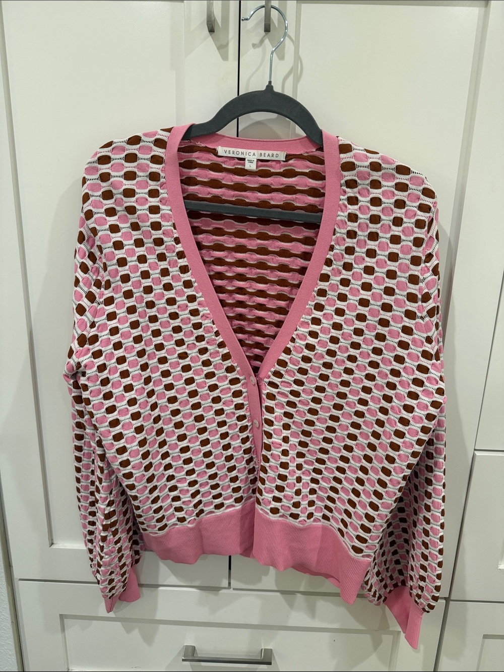 Veronica Beard Pink & Brown Geometric Open-Knit V-Neck Cardigan